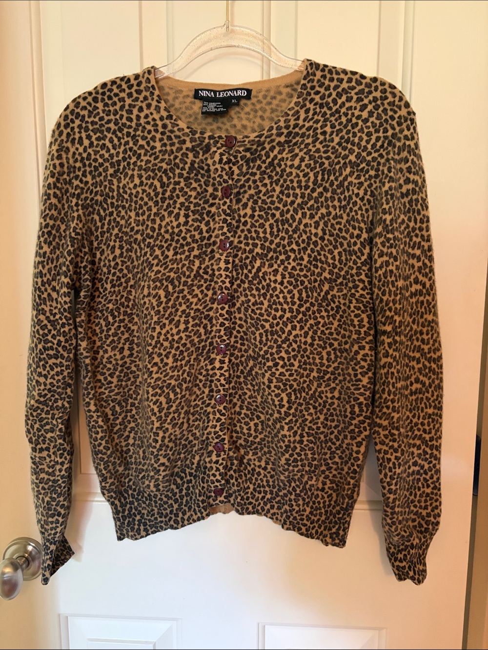 Nina Leonard Leopard Print Button-Front Cardigan in Tan and Black